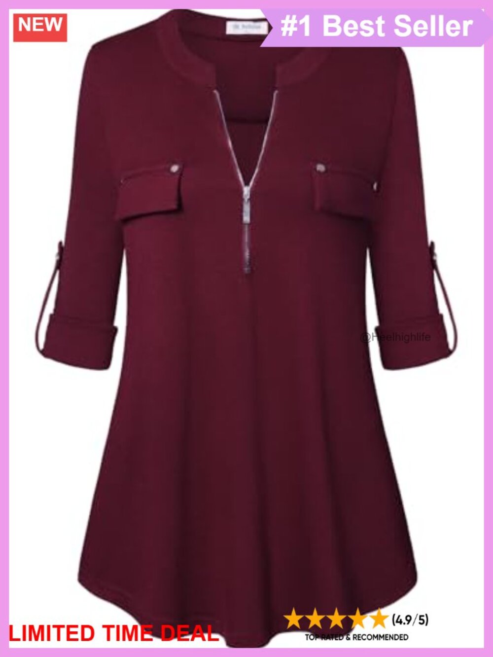 Womens 3/4 Sleeve V-Neck Zipper Tunic Blouse Business Casual Roll-Up